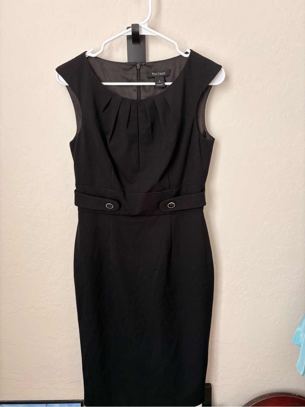 White House Black Market Black Pleated Sheath Dress with Belt Accent